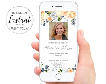 May include: A digital memorial card with a floral border in shades of blue, yellow, and white. The card features a photo of a woman and the text "Celebrating the life of Aluza M. Johnson, Sunday, January 26th, 2020, 10:00 AM, Service will be held at Church of the Holy Cross, 123 N 28th Street, New York."
