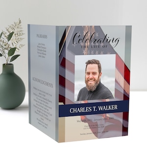 American Flag Funeral Program Template | Military Obituary Template | American Flag Veteran Memorial Program | A114