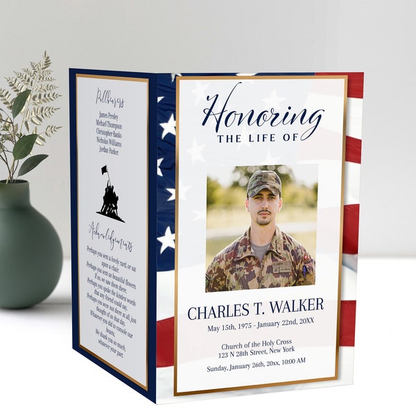 American Flag Funeral Program Template | Editable Military Funeral Program | Obituary Template | American Flag Veteran Memorial Service B180