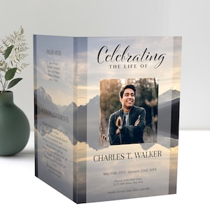 Mountain Lake Funeral Program Template for Man | Obituary Template to Honor Your Loved One | Celebration of Life Program Template |  A109