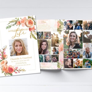 Plantilla editable de programa funerario floral de melocotón para mujer / Plantilla de obituario / Programa elegante de celebración floral de la vida / B107