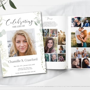 Editable Editable Funeral Program Template | Greenery & Gold Obituary Template to Honor Your Loved One | Celebration of Life | B102