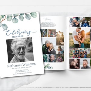 Editable  8 Page Funeral Program Template | Greenery Celebration of Life Program | Eucalyptus Obituary Template | B160