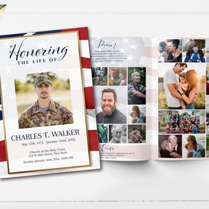 Editable Funeral Program Template with American Flag Design | Custom Military Funeral Program | Veteran Memorial Service Program | B180