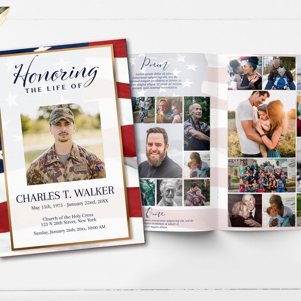 Funeral Program Template with American Flag Design | Custom Military Funeral Program | Veteran Memorial Service Program | B180