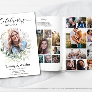 Editable Funeral Program Template | Greenery & Gold Obituary Template to Honor Your Loved One | Celebration of Life  | B102