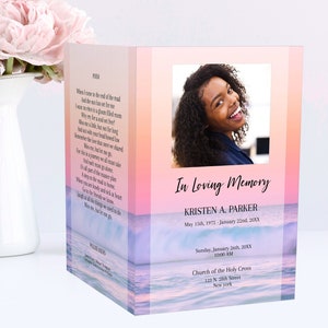 Ocean Sunset Funeral Program Template for Woman |  Obituary Template | Celebration of Life Program |  Memorial Program Template | A108