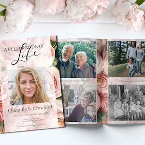 Editable  Funeral Program Template For Woman | Pink Roses Celebration of Life Program | Obituary Template | A120