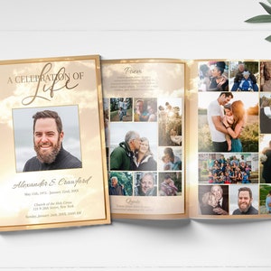 8 Page Funeral Program Template | Editable Heavenly Clouds Obituary Template | Gold Clouds Celebration of Life Memorial Pamphlet| C160