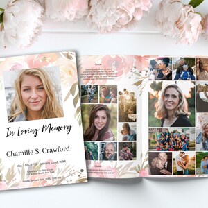 Editable Funeral Program Template for Woman | Obituary Template to Honor Your Loved One | Pink Floral Celebration of Life | A104
