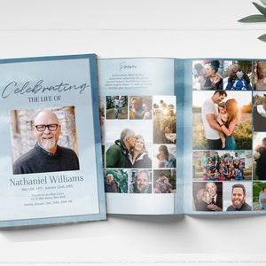 Editable  Blue Funeral Program Template for Man | Simple Blue Obituary Template | Celebration of Life Program |  C130