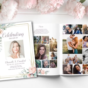 8 Page Funeral Program Template for Woman|  Pink RosesObituary Template | Celebration of Life Program Template | B150
