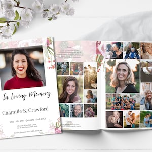 8 Page Funeral Program Template for Woman | Obituary Template to Honor Your Loved One | Pink Floral Celebration of Life Program |  | - A102