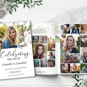 Editable Funeral Program Template for Woman | White Roses Obituary Template | Gold & Greenery Celebration of Life Memorial Program | A107