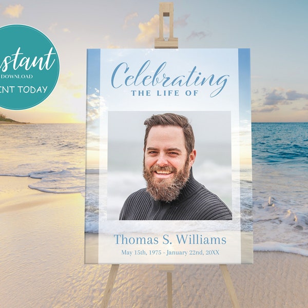 Editable Funeral Poster | Blue Ocean Memorial Poster | Celebration of Life Sign | Memorial Service Welcome Sign | B103