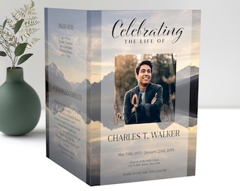 Mountain Lake Funeral Program Template for Man | Obituary Template to Honor Your Loved One | Celebration of Life Program Template |  A109