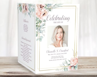 Könnte beinhalten: Ein weißes Programm für einen Trauergottesdienst mit goldenem Rahmen und floralem Design. Das Programm enthält den Text "Celebrating the Life of Chamille S. Crawford" und die Daten "May 15, 1975 - January 22nd, 20XX".
