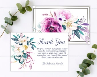Purple Funeral Thank You Cards / Purple Floral Funeral Template / Lily Celebration of Life Card / Memorial Service / B170