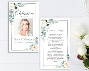 White Floral Funeral Prayer Cards | Funeral Keepsake | White Roses Celebration of Life | Funeral Favors | White Funeral Template | E112