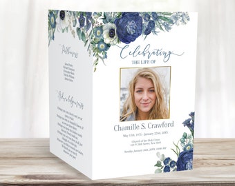 Editable Funeral Program Template | Blue Roses Obituary Template | Navy Blue Floral Celebration of Life Program | B120