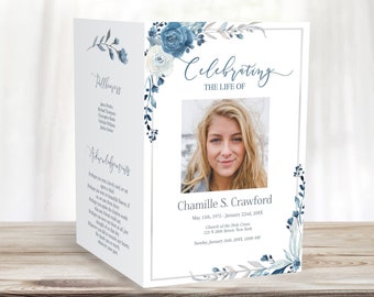 Editable Funeral Program Template | Blue Roses Obituary Template | Navy Blue Floral Celebration of Life Program | C110