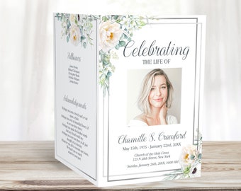 Editable Funeral Program Template For Woman |  White Roses Obituary Template | White Floral Celebration of Life Program | E112