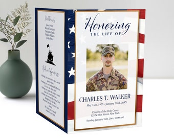 American Flag Funeral Program Template | Editable Military Funeral Program | Obituary Template | American Flag Veteran Memorial Service B180