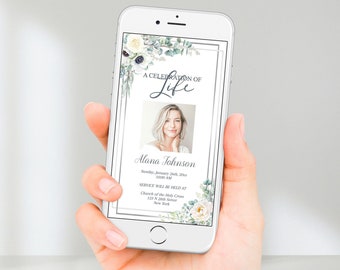White Roses Funeral Announcement | White Funeral Invitation |  Celebration of Life Memorial Invitation | E112