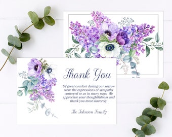 Tarjetas de agradecimiento de lila púrpura / Plantilla funeraria floral púrpura / Tarjeta de celebración de la vida / Servicio conmemorativo / B140