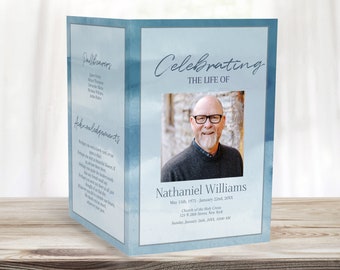 Editable Funeral Program Template for Man | Obituary Template | Simple Blue Celebration of Life Program Template  | C130