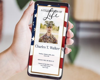 American Flag Funeral Announcement | Military Memorial Service Invitation | Veteran Funeral Template | Celebration of Life Invite | B180