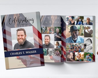 American Flag Funeral Program Template | Obituary Template | Veteran Memorial Service Program | A114