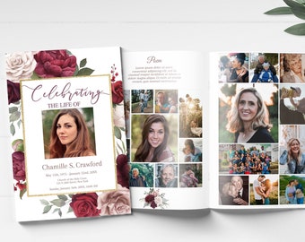 Funeral Program Template For Woman | Burgundy Obituary Template | Red Floral Celebration of Life Program | Red Roses Funeral|  C170