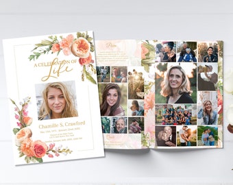 Editable  Peach Floral Funeral Program Template For Woman | Obituary Template | Elegant Floral Celebration of Life Program |  B107