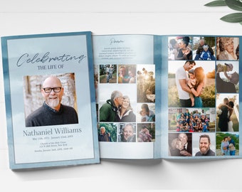May include: A blue and white memorial booklet with the title "Celebrating the Life of" and a photo of a man wearing glasses. The booklet includes a collage of photos of the man with family and friends.