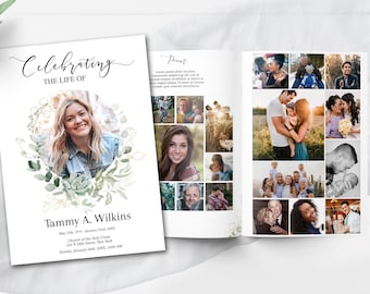 Funeral Program Template | Greenery & Gold Obituary Template to Honor Your Loved One | Celebration of Life  | B102