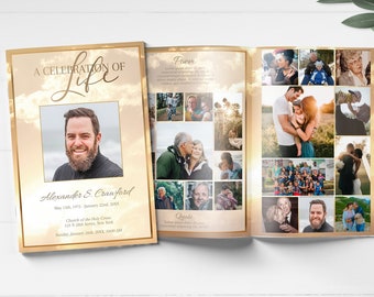 8 Page Funeral Program Template | Editable Heavenly Clouds Obituary Template | Gold Clouds Celebration of Life Memorial Pamphlet| C160