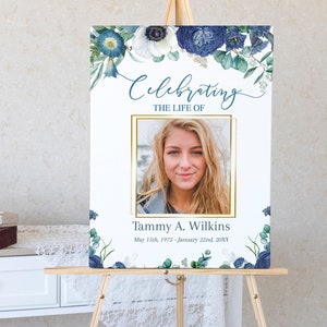 Blue Floral Funeral Poster | Navy Blue Roses Memorial Poster Photo Sign |  Celebration of Life Sign | Memorial Service Welcome Sign | B120