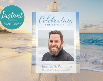 Editable Funeral Poster | Blue Ocean Memorial Poster | Celebration of Life Sign | Memorial Service Welcome Sign | B103