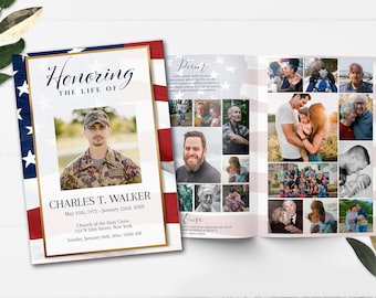 Editable Funeral Program Template with American Flag Design | Custom Military Funeral Program | Veteran Memorial Service Program | B180