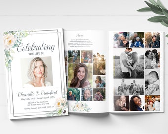 Editable  Funeral Program Template for Woman|  White Roses Obituary Template | Celebration of Life Program Template | E112