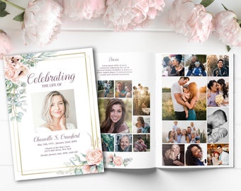 Editable  Funeral Program Template for Woman|  Pink RosesObituary Template | Celebration of Life Program Template | B150