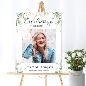 This is a floral funeral poster, funeral welcome poster, in loving memory poster, or celebration of life poster. It is editable and downloadable. This funeral photo display comes in several sizes. We have other memorial service templates available.