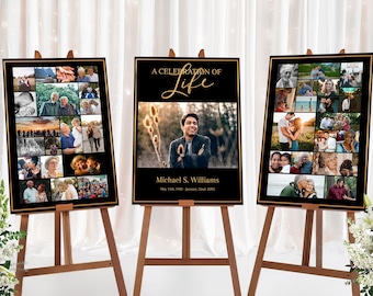 Funeral Photo Collage Sign Set Template | Black and Gold Memorial Posterl | Funeral Welcome Sign | Celebration of Life Sign | C117