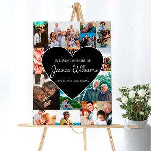 May include: A black and white photo collage in a heart shape with the text "In loving memory of Jessica Williams April 27, 1958 - July 13, 20XX". The collage is on a canvas and is displayed on an easel.
