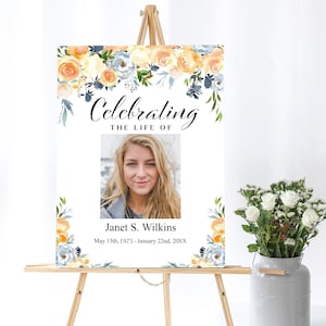 Cartel funerario de rosas amarillas / Cartel conmemorativo / Celebración floral del signo de la vida / Signo de bienvenida de exhibición funeraria - A106