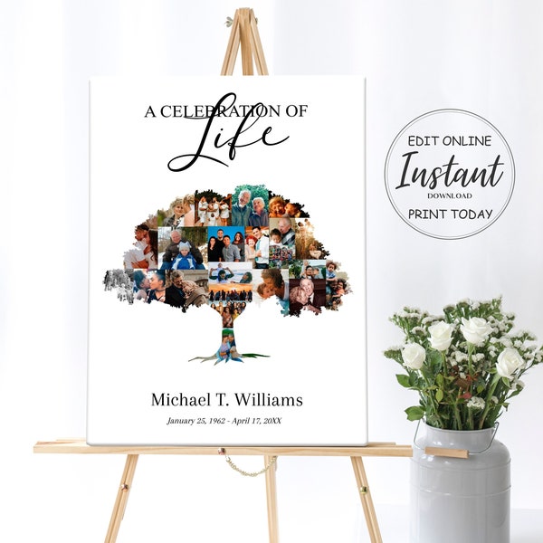 Editable Funeral Photo Display Welcome Sign |Tree of Life Memorial Poster for Funeral |Family Tree Collage Celebration of Life Sign | B104