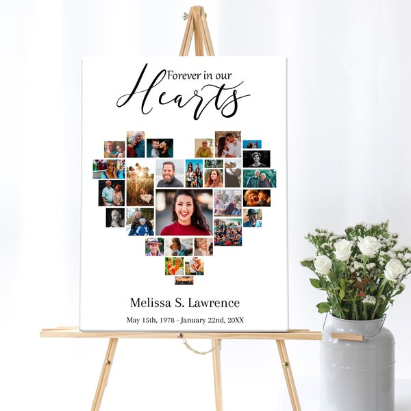 Heart Collage Funeral Poster |  Memorial Poster | Floral Celebration of Life Sign | Memorial Service Welcome Sign