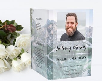 Editable Funeral Program Template for Man | Obituary Template | Blue Mountain Lake Celebration of Life Program Template  | A110