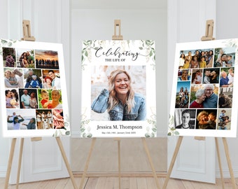 Könnte beinhalten: Drei weiße Plakatwände mit Staffeleien, jede zeigt eine Fotocollage. Die mittlere Tafel zeigt ein großes Foto einer lächelnden Frau mit dem Text "Celebrating the Life of Jessica M. Thompson May 15th, 1993 - January 23rd, 2023".